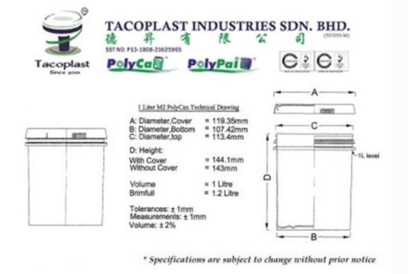 1 Liter M2 PolyCan Technical Drawing